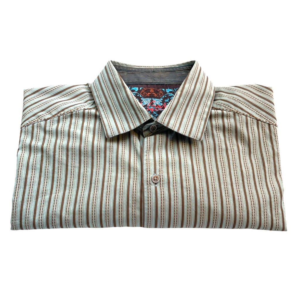 Robert Graham Long Sleeve Button Down Shirt w/Flip Cuffs Green & Brown Stripes